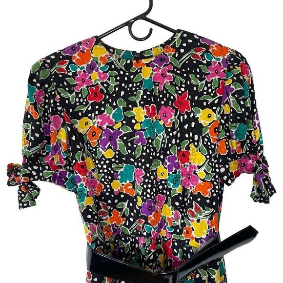 Oscar de la Renta Size 12 Silk Floral Pleated Midi Dress Belt Polka Dot Vintage - Picture 12 of 12